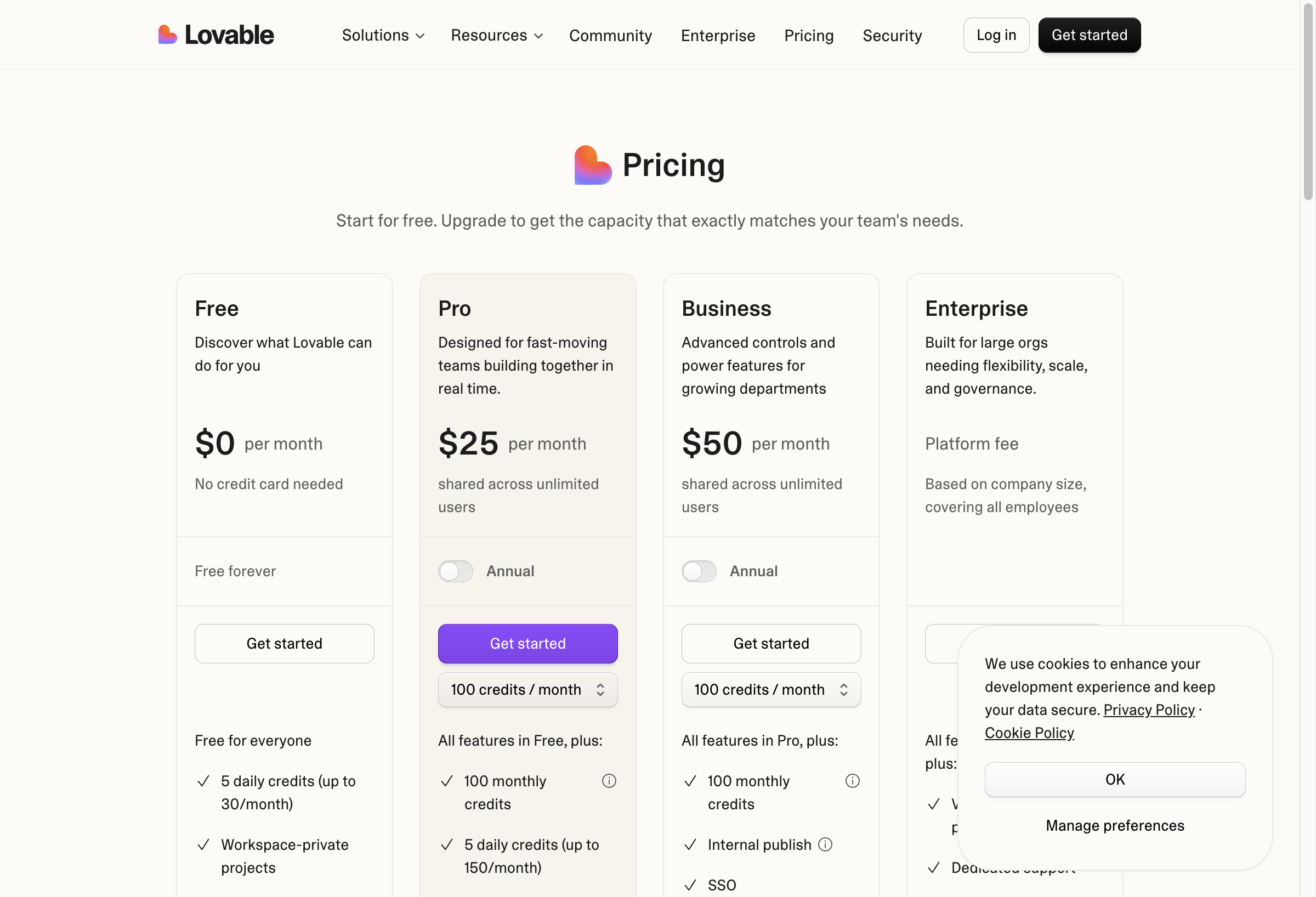 Lovable Pricing Page