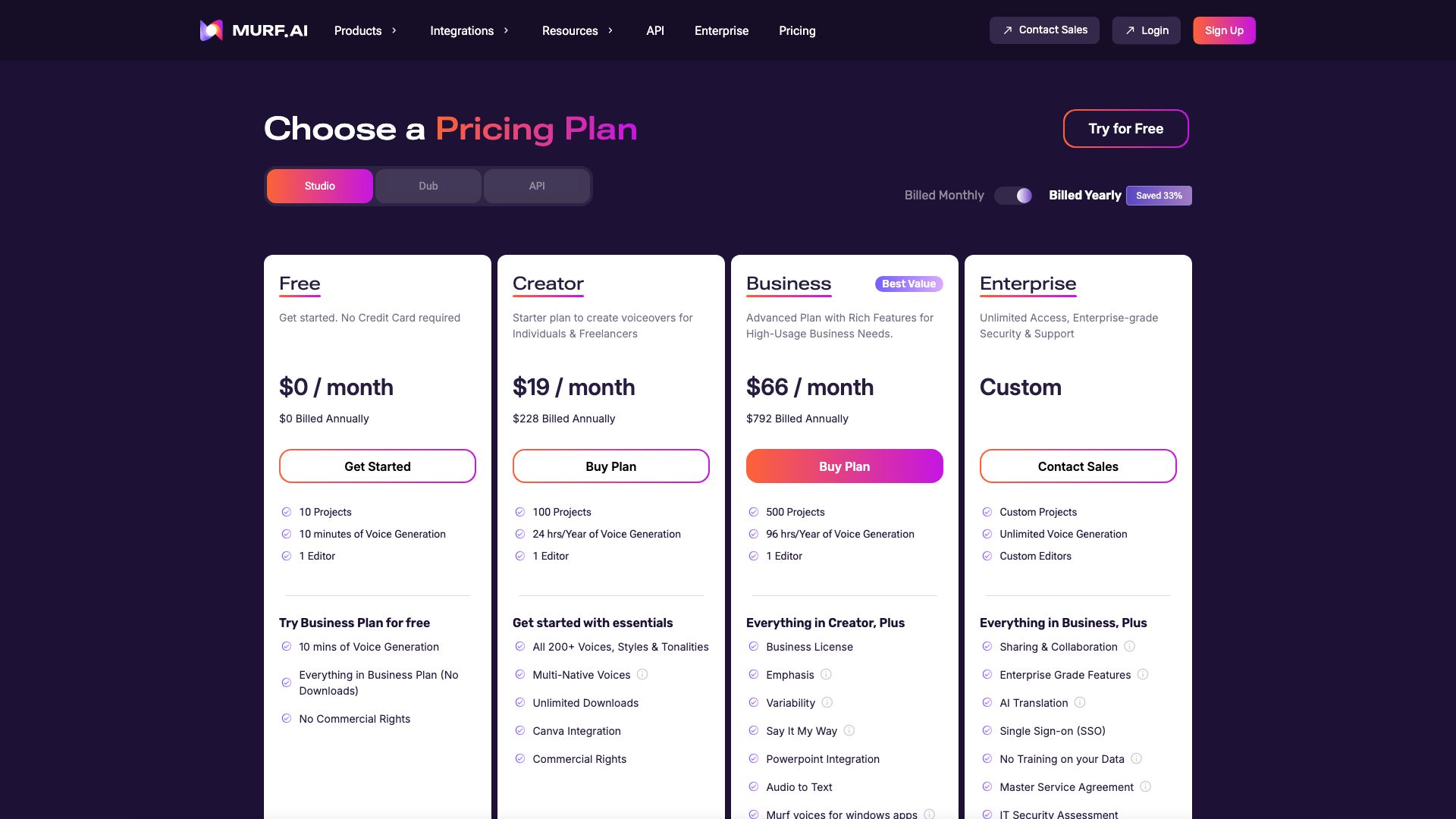 Murf AI subscription pricing with voice generation minutes and features per plan Murf AI pricing plans — Creator, Business, and Enterprise tiers for voice generation