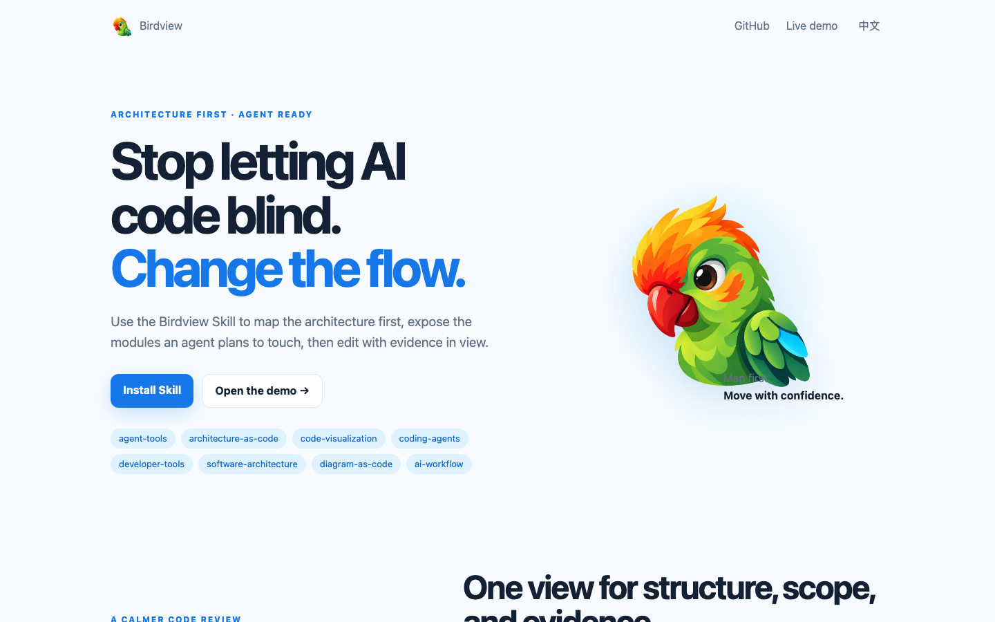 The project site — 'stop letting AI code blind', with the architecture-as-code, coding-agents and developer-tools framing