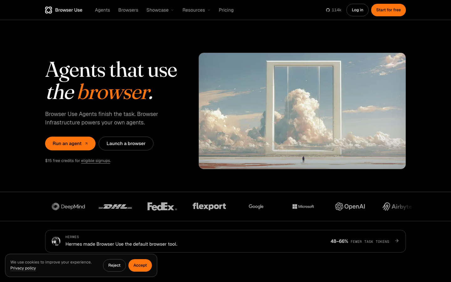 The Browser Use homepage — agents and browser infrastructure, the company behind the browser-use-pi TypeScript SDK