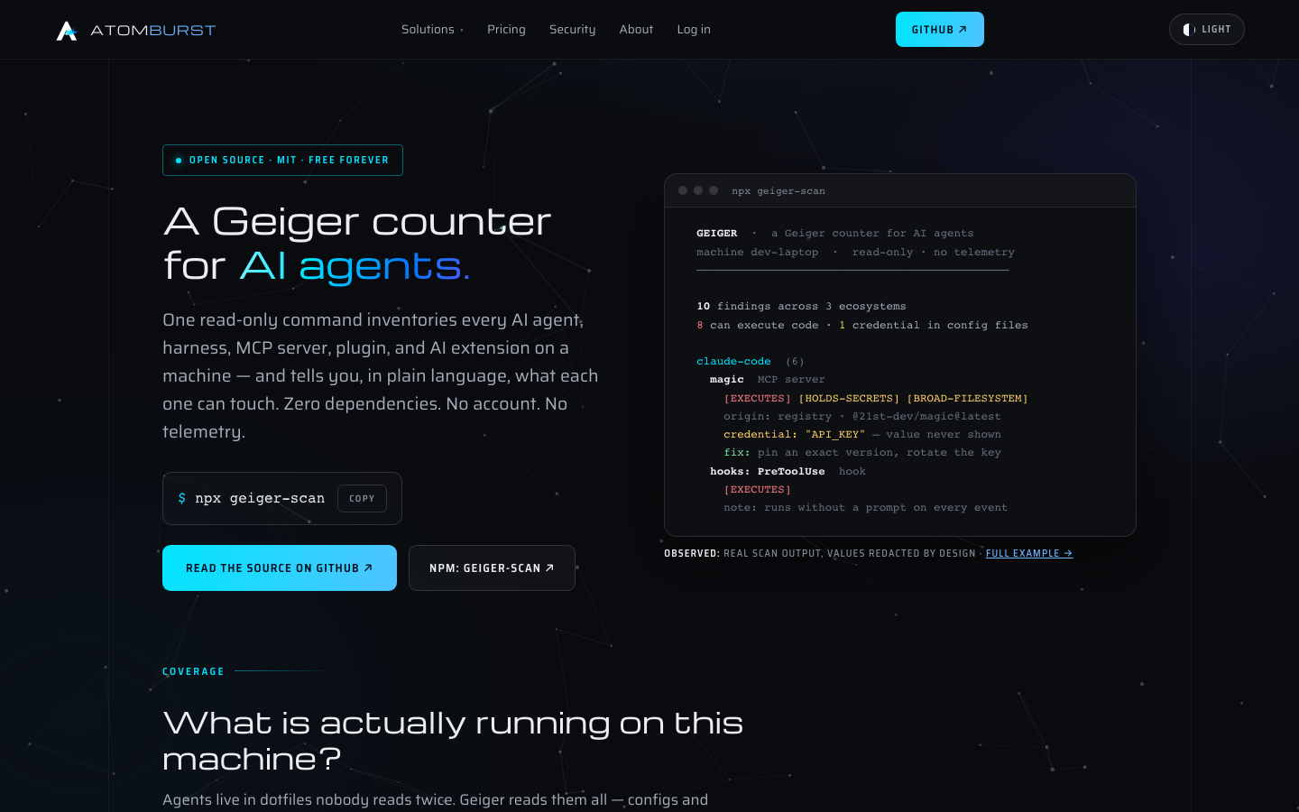 The geiger product page — a read-only inventory of every agent, MCP server and extension on a machine, with exposure labels and remediation