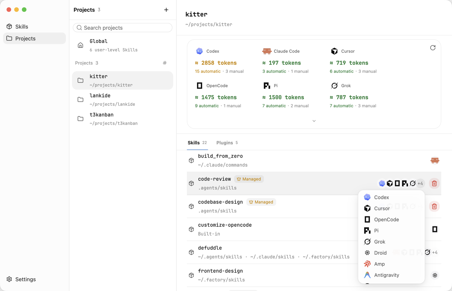 The Projects view resolves the complete effective skill set for each agent, including installations Kitter did not create, with sources and a token estimate