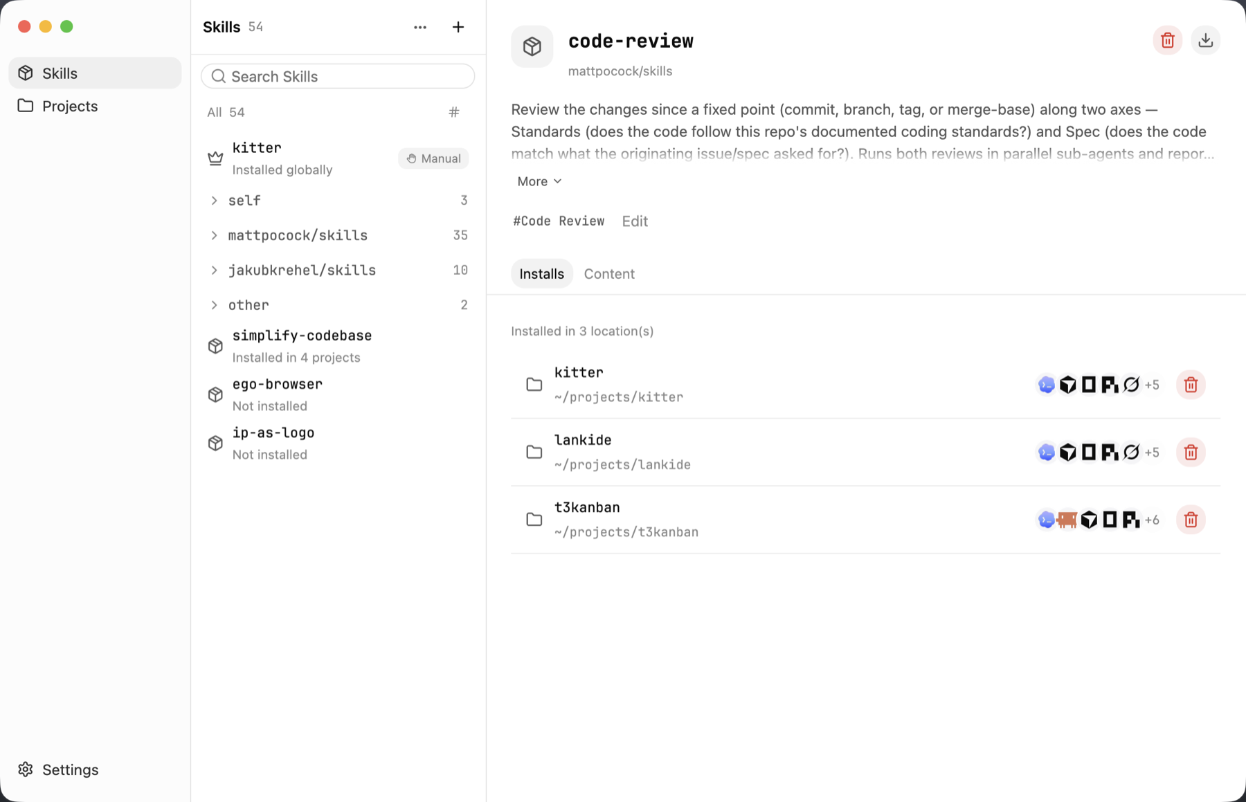 The skill library — one managed source per skill, with every project and agent that can discover it shown on the Installs tab