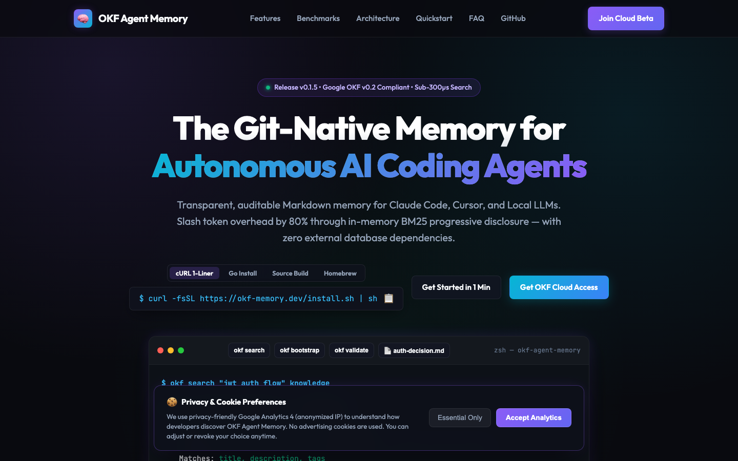 The okf-agent-memory landing page — git-native persistent memory for AI coding agents, built on Google's Open Knowledge Format v0.2