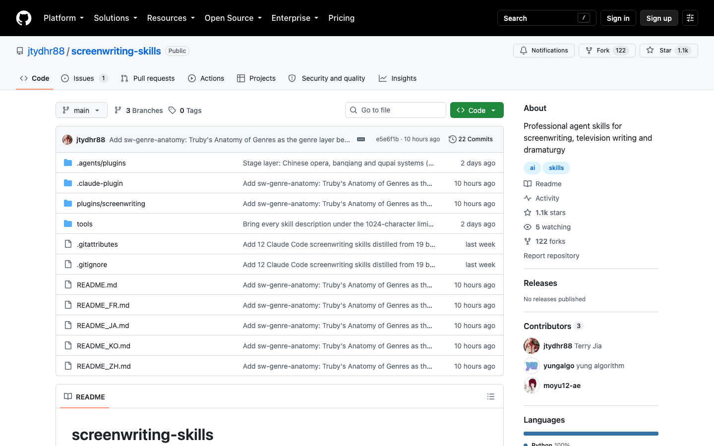 screenwriting-skills Review 2026 — 26 Agent Skills That Turn 47 Craft Books and 23 Script Collections Into a Working Writers' Room