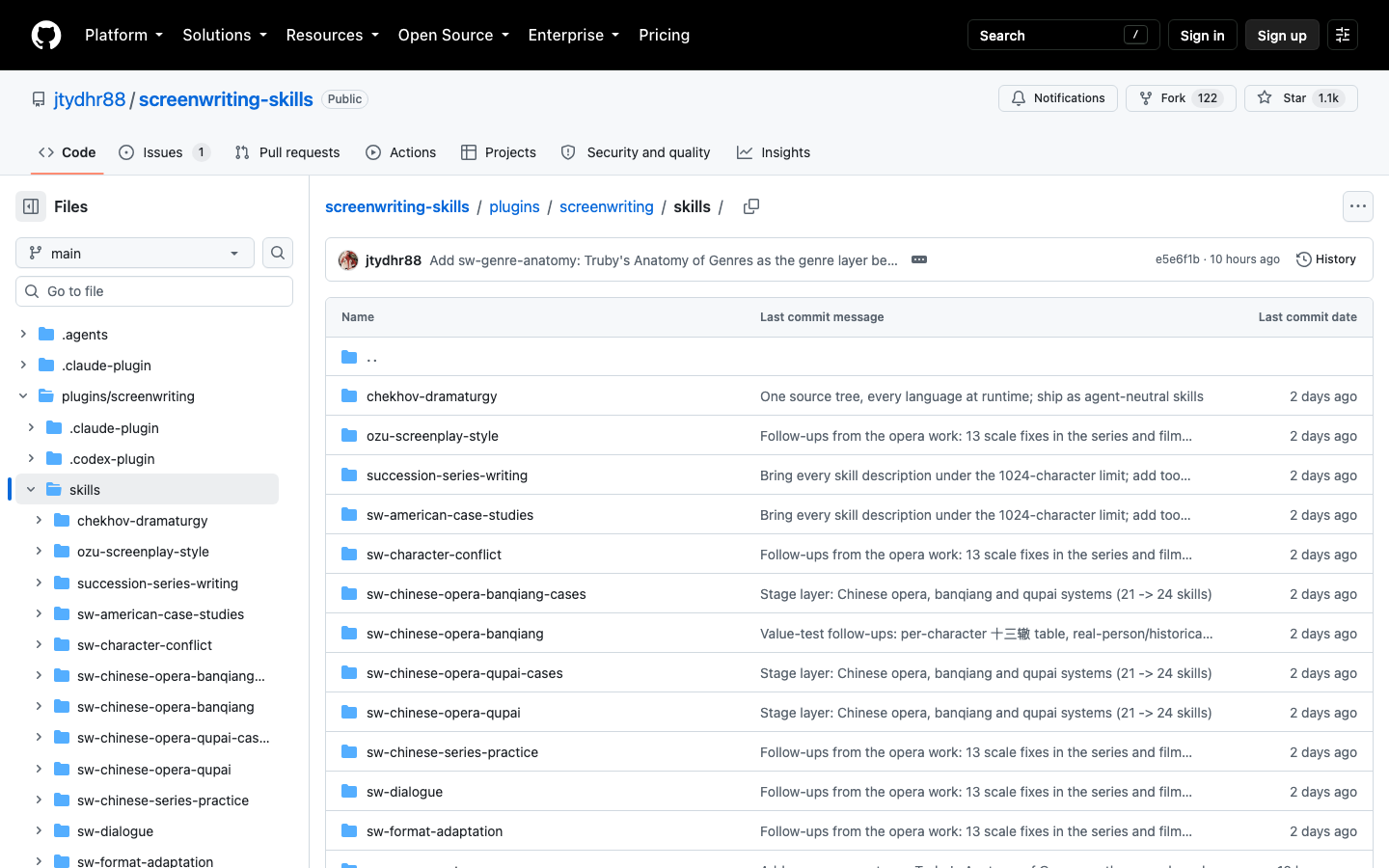 The skills directory — 26 self-contained SKILL.md files, each agent-neutral and shared by Claude Code and Codex through one source tree