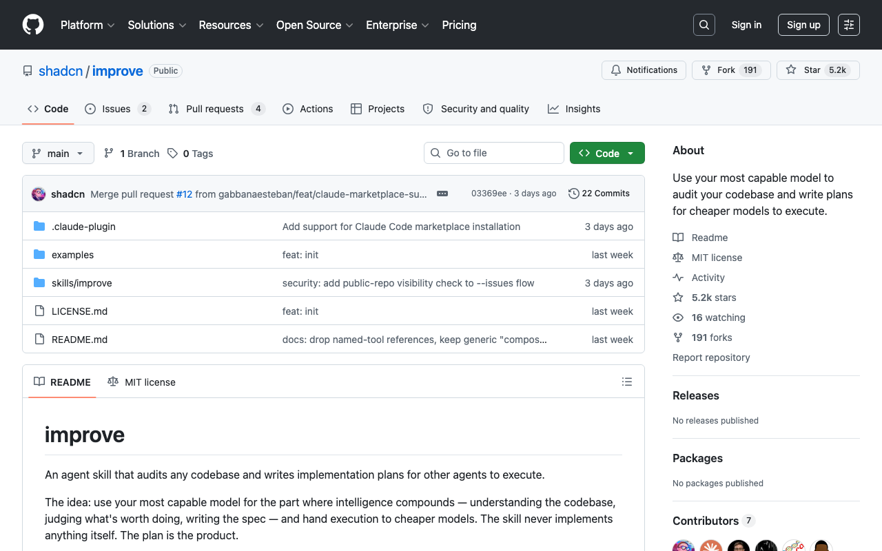 shadcn/improve Review 2026 — Codebase Audits & Smart Plans for Cheap Agents