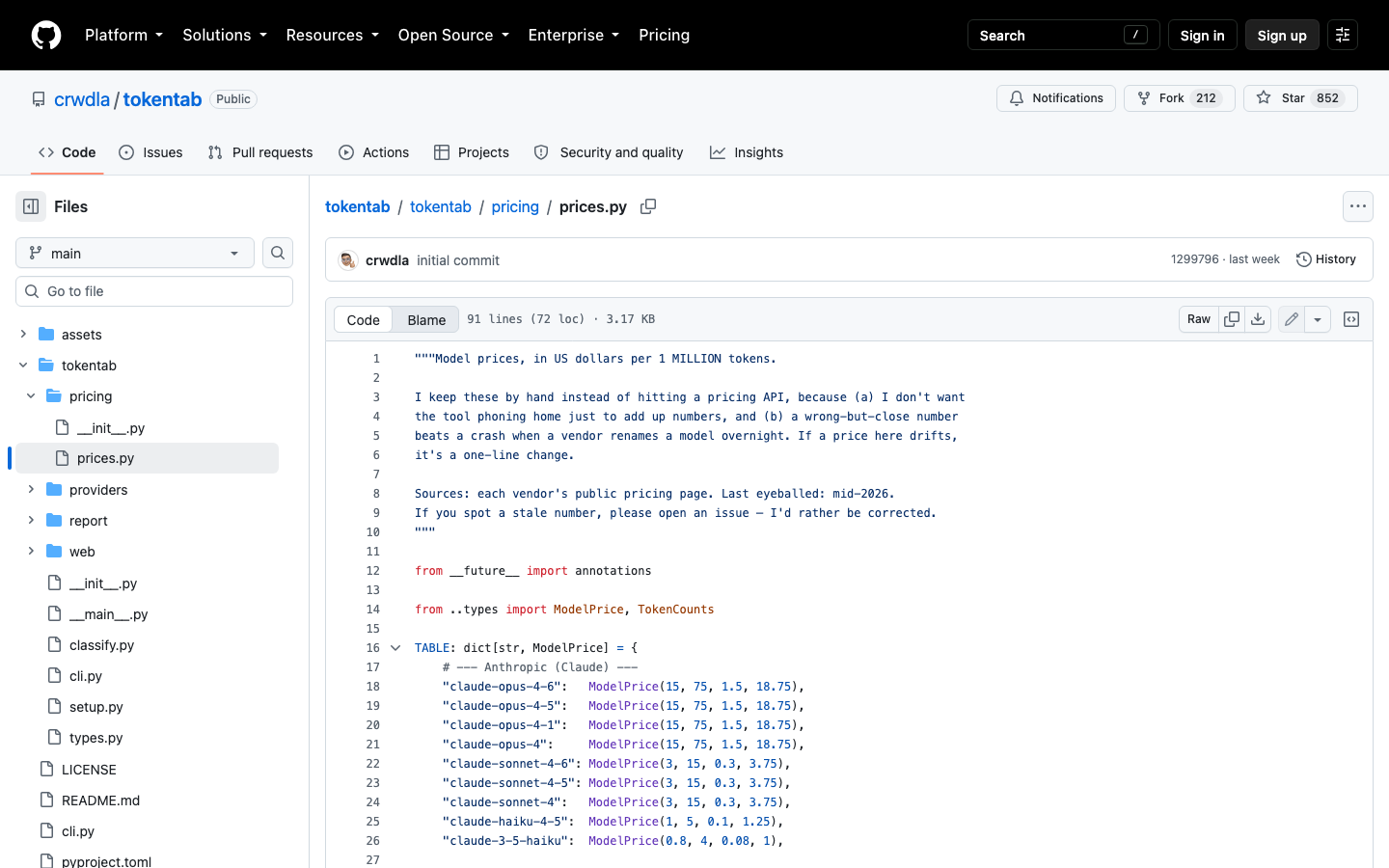 tokentab's hand-kept pricing table — the tool ships an explicit per-million-token price list rather than calling a pricing API, so it never has to make a network request just to add up numbers