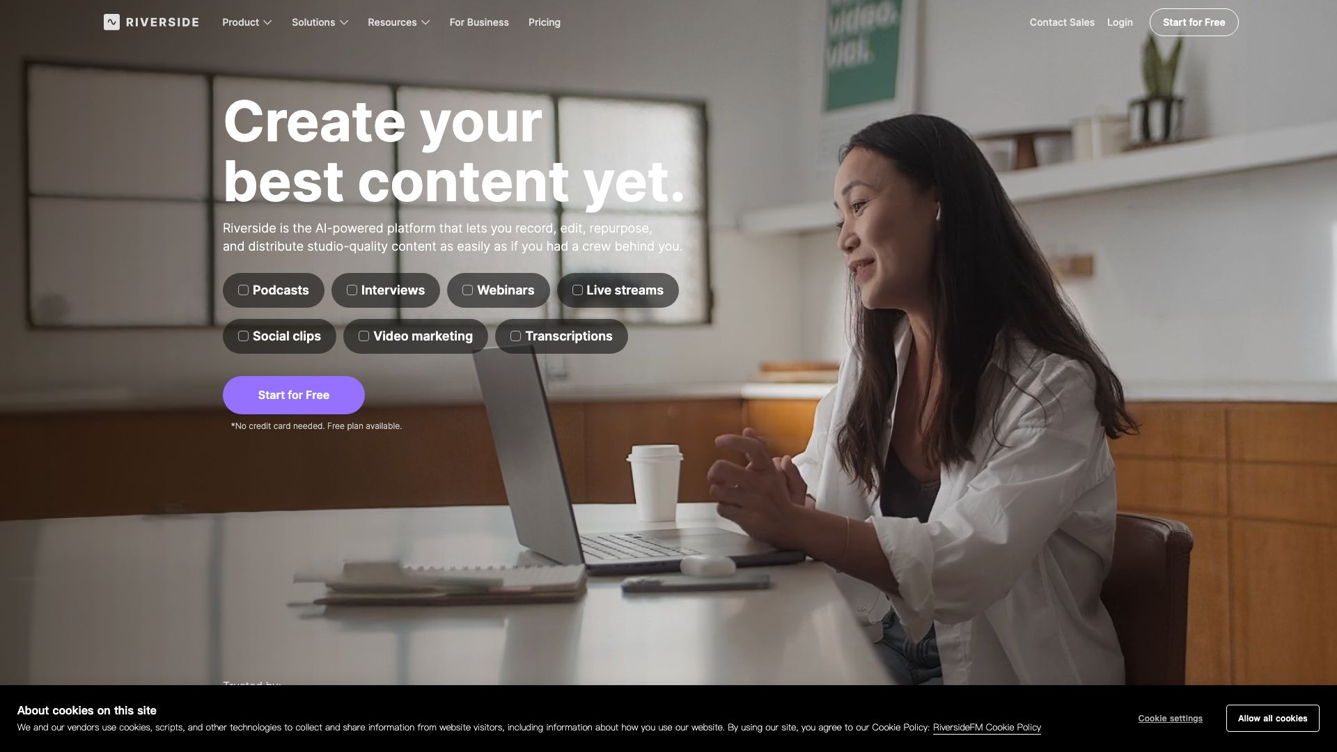 Riverside.fm AI-powered podcast recording platform homepage