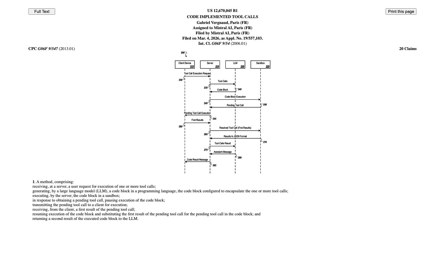 Code-Implemented Tool Calls Explained — What Mistral's US 12,670,045 Patent Means for AI Agents